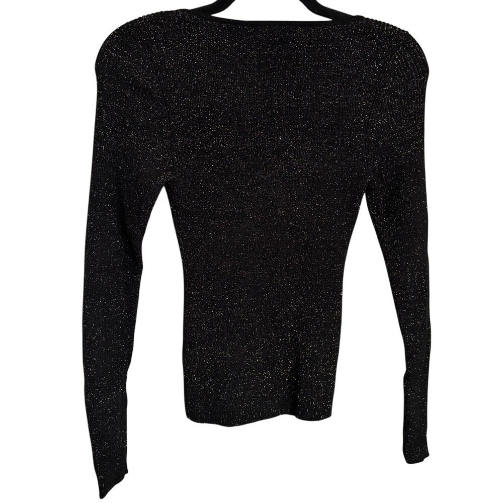 Anthropologie Black Gold Metallic Ribbed Sweetheart Long Sleeve Top Blouse XS - Picture 9 of 9
